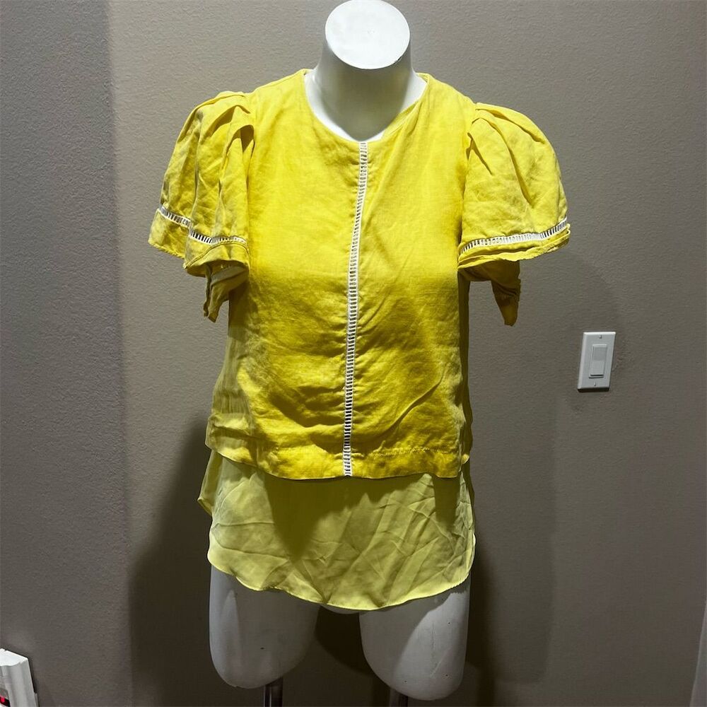 ALEXA Women's Yellow Linen Blouse Short Flutter Sleeve Casual Summer Top